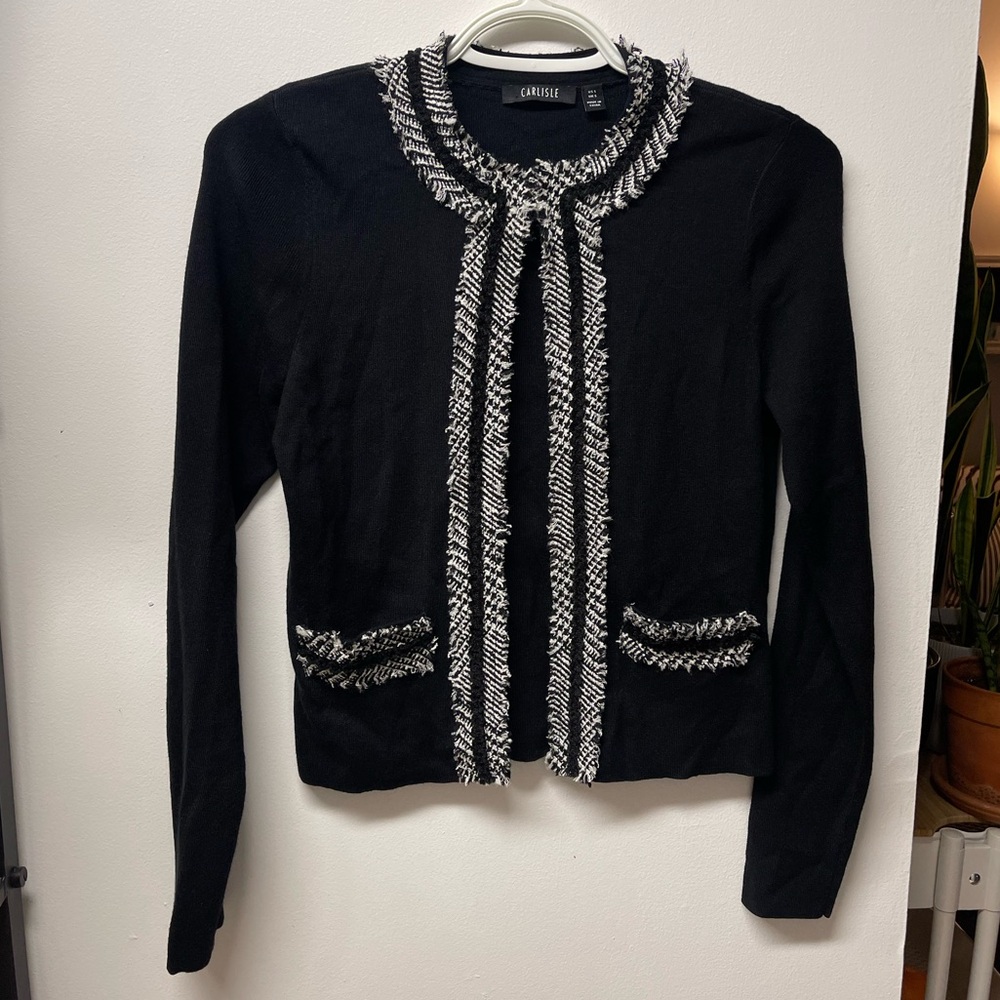 Carlisle Black Cardigan with White Tweed Trim. Closure on top Size S